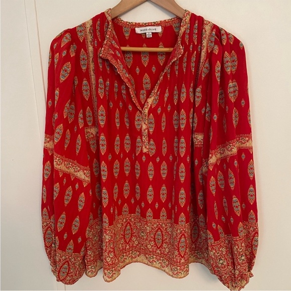 Rose & Olive Tops - Rose + Olive Red and Gold Patterned Long Sleeve Blouse Size S Boho V Neck